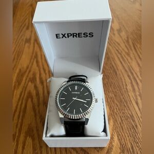 Express Black Faux Leather Watch with Silver Accents